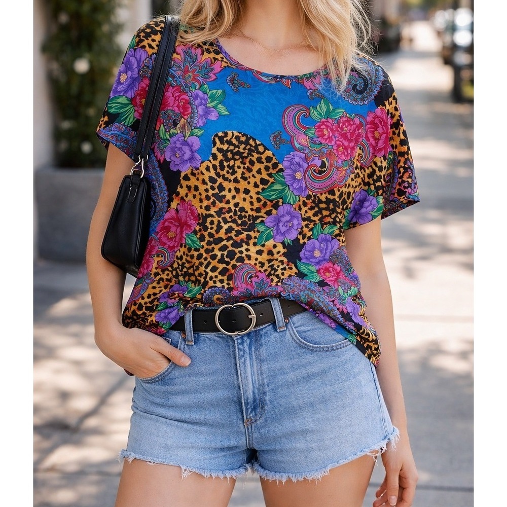 Vintage Diane Freis Original 100% Silk 80s Leopard Floral Paisley Print Top